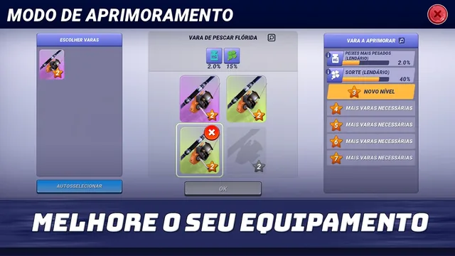 Modo de aprimoramento do Fishing Clash com a Vara de pescar Flórida, Peixes mais pesados 2.0% e Sorte 40% à direita e três varas de nível 2 ao centro
