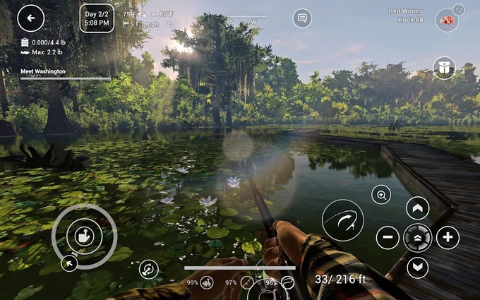 HUD do Fishing Planet num pântano ao fim da tarde: Day 2/2 5:08 PM, 75°F, 0.000/4.4 lb, Max 2.2 lb, 99%, 97%, 96% e 33/216 ft