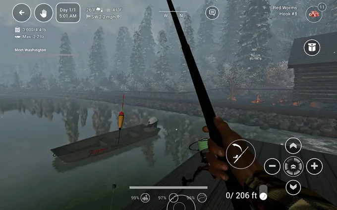 Fishing Planet ao amanhecer com nevoeiro, boia vermelha junto a um barco de madeira e o contador 0/206 ft no canto inferior direito