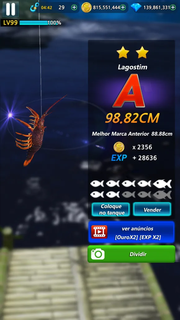 Lagostim cor de laranja pendurado na linha sobre um cais, com nota A, 98.82CM e a marca anterior de 88.88cm
