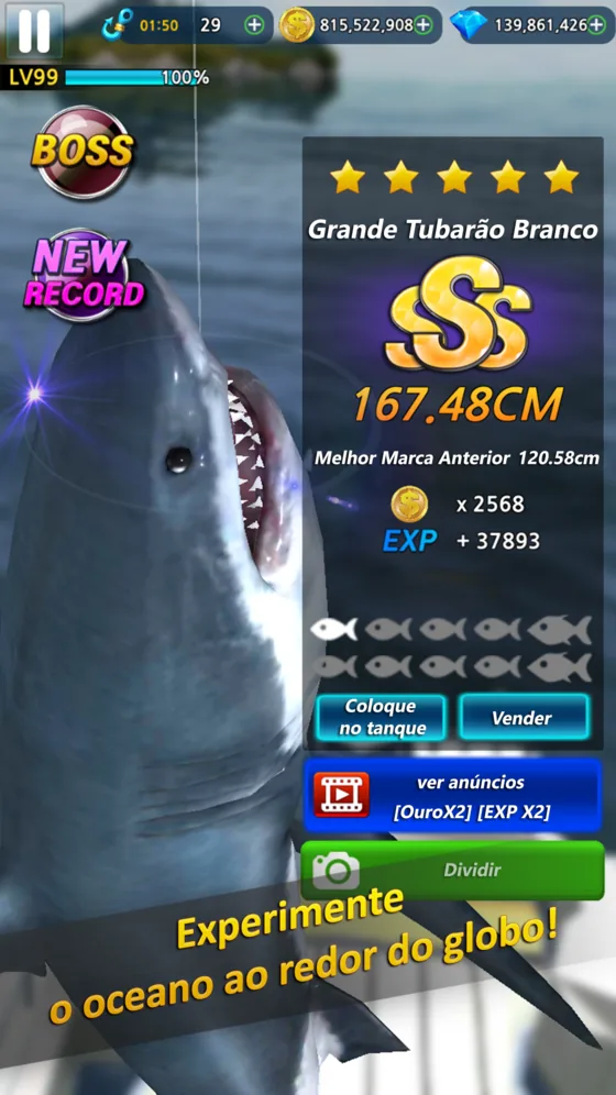 Grande Tubarão Branco de boca aberta no Monster Fishing 2026 com a nota SS, 167.48CM e Melhor Marca Anterior 120.58cm