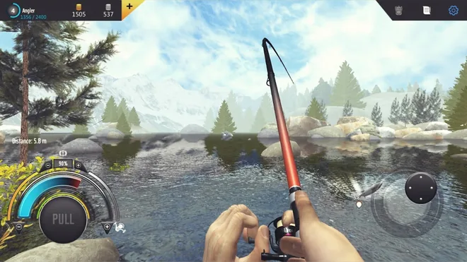 Arco de luta do Professional Fishing com o valor 90% entre botões de menos e mais, o botão PULL e a indicação Distance: 5.8 m