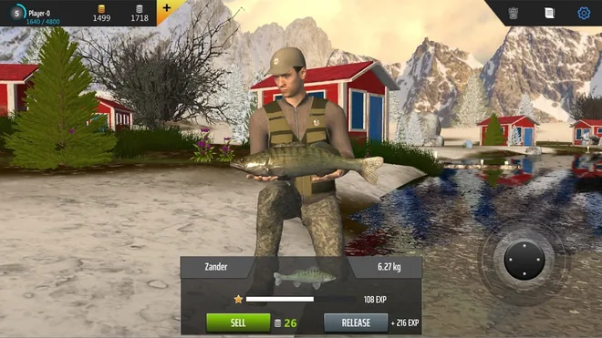 Pescador de colete verde segura um zander junto a casas vermelhas e montanhas com neve; painel Zander 6.27 kg, 108 EXP, SELL 26 e RELEASE +216 EXP